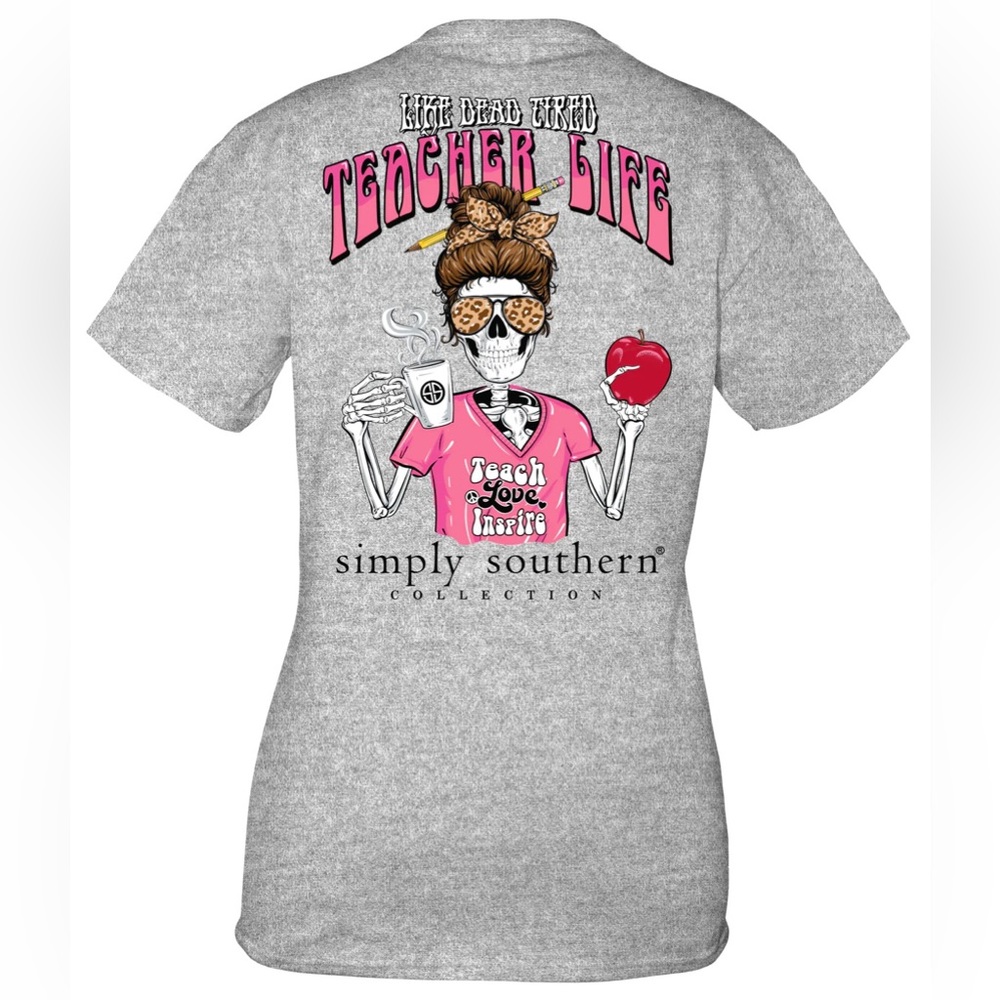 NWT Simply Southern heather gray graphic skeleton teacher life t-shirt
